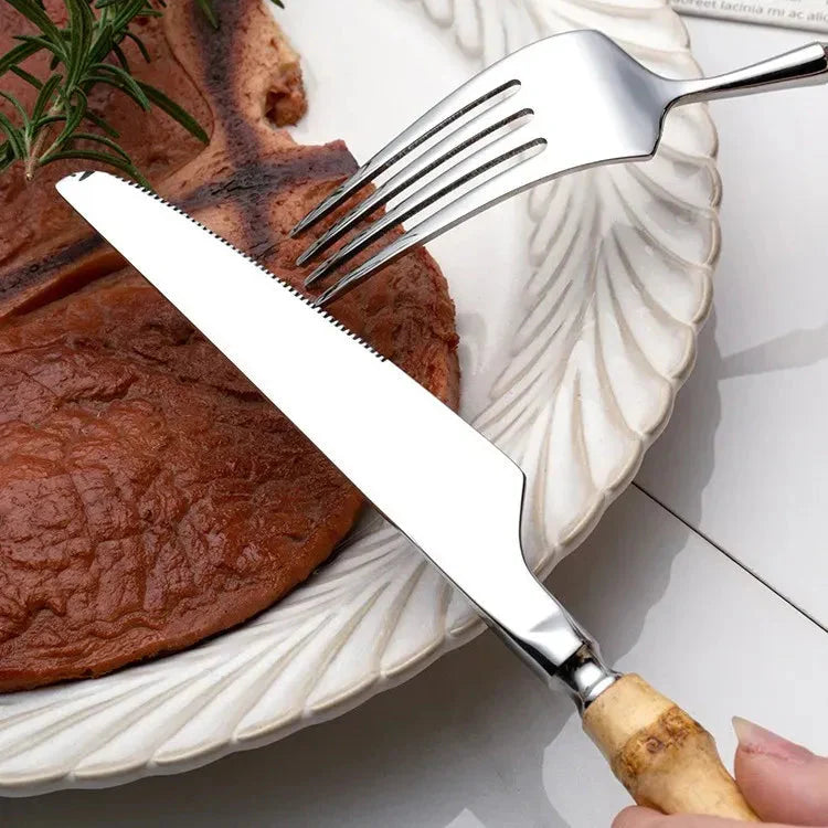 Zovaco Takumi Bamboo Cutlery Set - 304 Food-Grade Stainless Steel Flatware with Natural Wood Handles