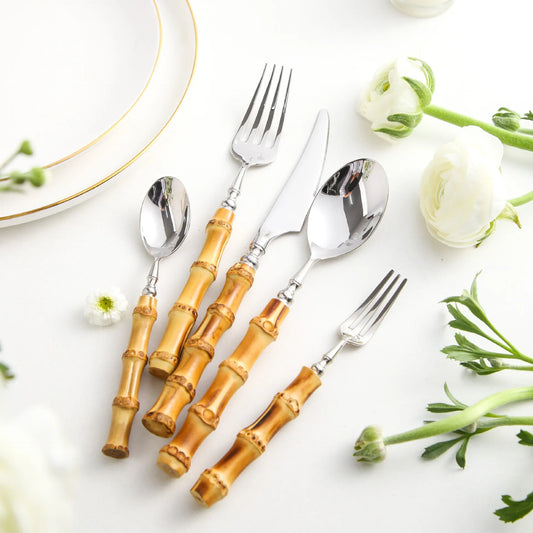 Zovaco Takumi Bamboo Cutlery Set - 304 Food-Grade Stainless Steel Flatware with Natural Wood Handles