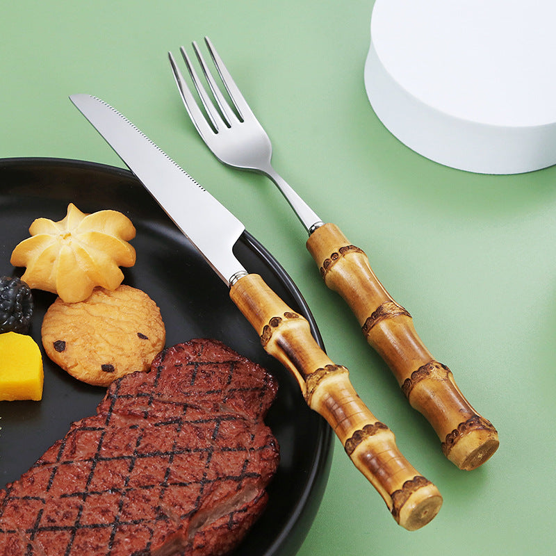 Zovaco Takumi Bamboo Cutlery Set - 304 Food-Grade Stainless Steel Flatware with Natural Wood Handles