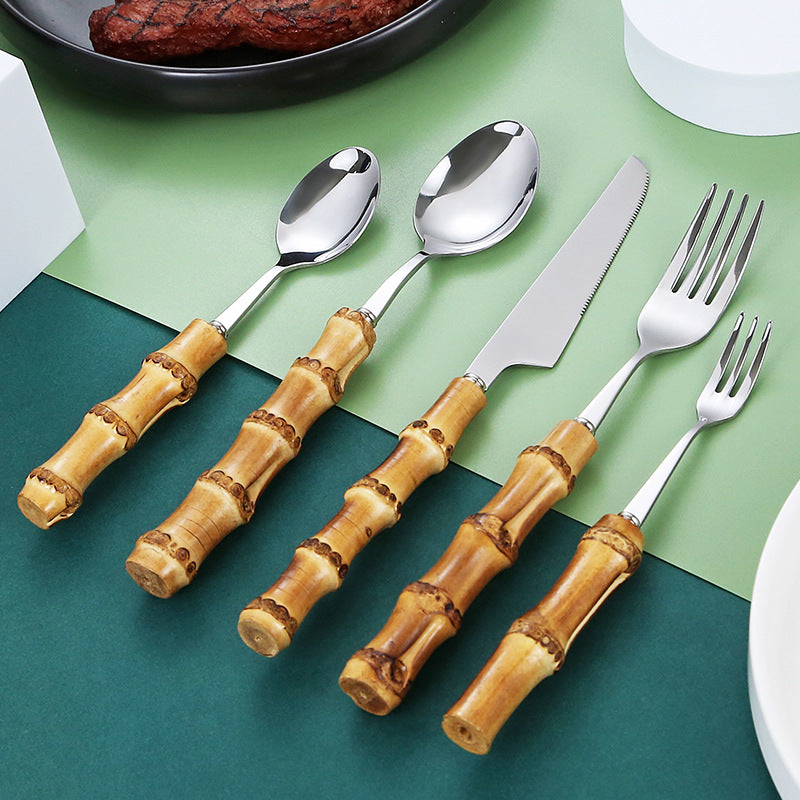 Zovaco Takumi Bamboo Cutlery Set - 304 Food-Grade Stainless Steel Flatware with Natural Wood Handles
