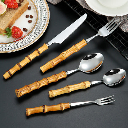 Zovaco Takumi Bamboo Cutlery Set - 304 Food-Grade Stainless Steel Flatware with Natural Wood Handles