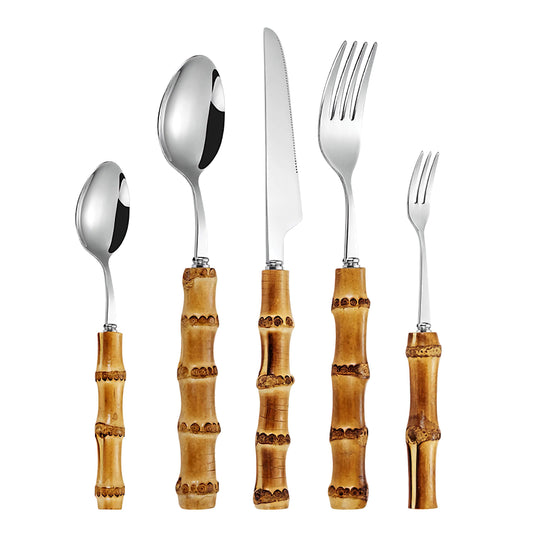 Zovaco Takumi Bamboo Cutlery Set - 304 Food-Grade Stainless Steel Flatware with Natural Wood Handles