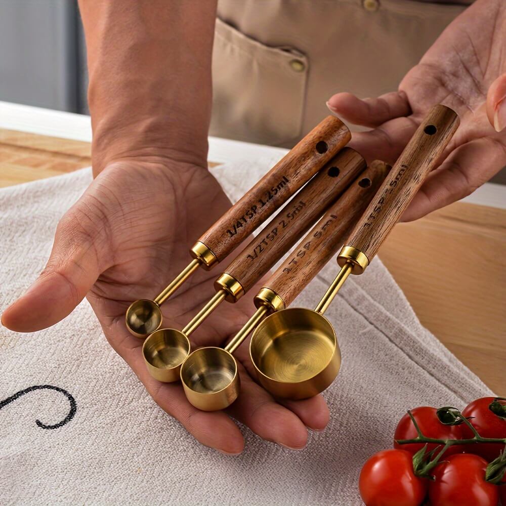 Zovaco Goldenwood Measuring Spoon Set - 4-Piece Gold-Plated Stainless Steel & Natural Acacia Wood Baking Tools