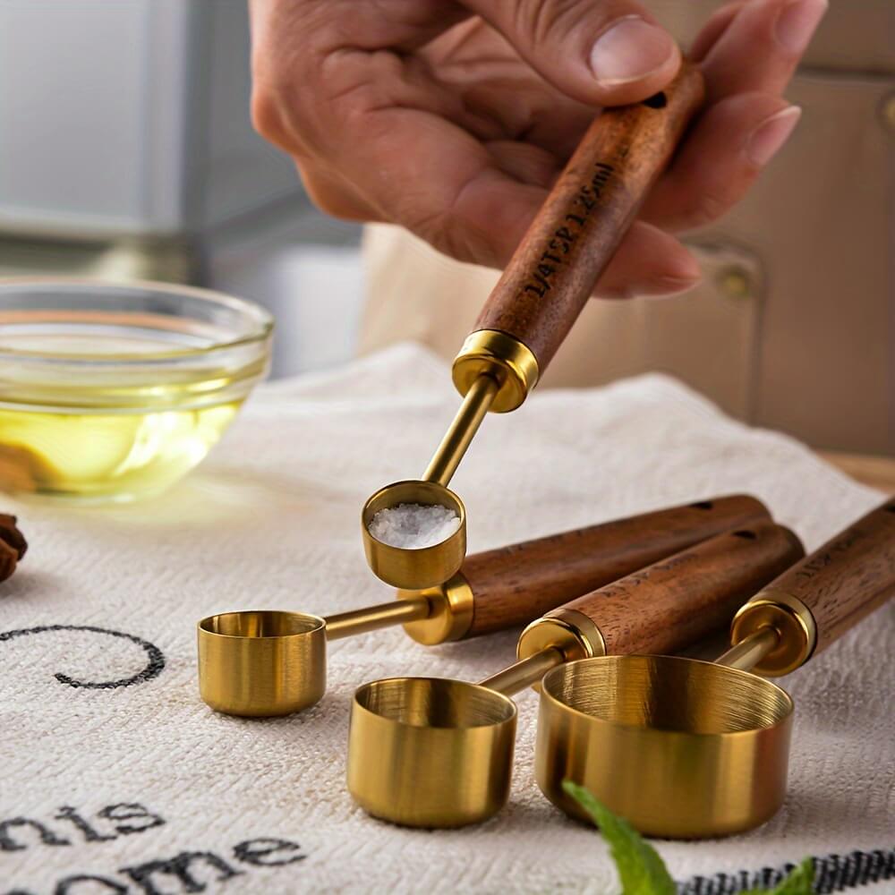 Zovaco Goldenwood Measuring Spoon Set - 4-Piece Gold-Plated Stainless Steel & Natural Acacia Wood Baking Tools