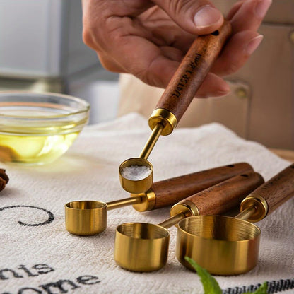 Zovaco Goldenwood Measuring Spoon Set - 4-Piece Gold-Plated Stainless Steel & Natural Acacia Wood Baking Tools