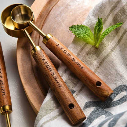 Zovaco Goldenwood Measuring Spoon Set - 4-Piece Gold-Plated Stainless Steel & Natural Acacia Wood Baking Tools