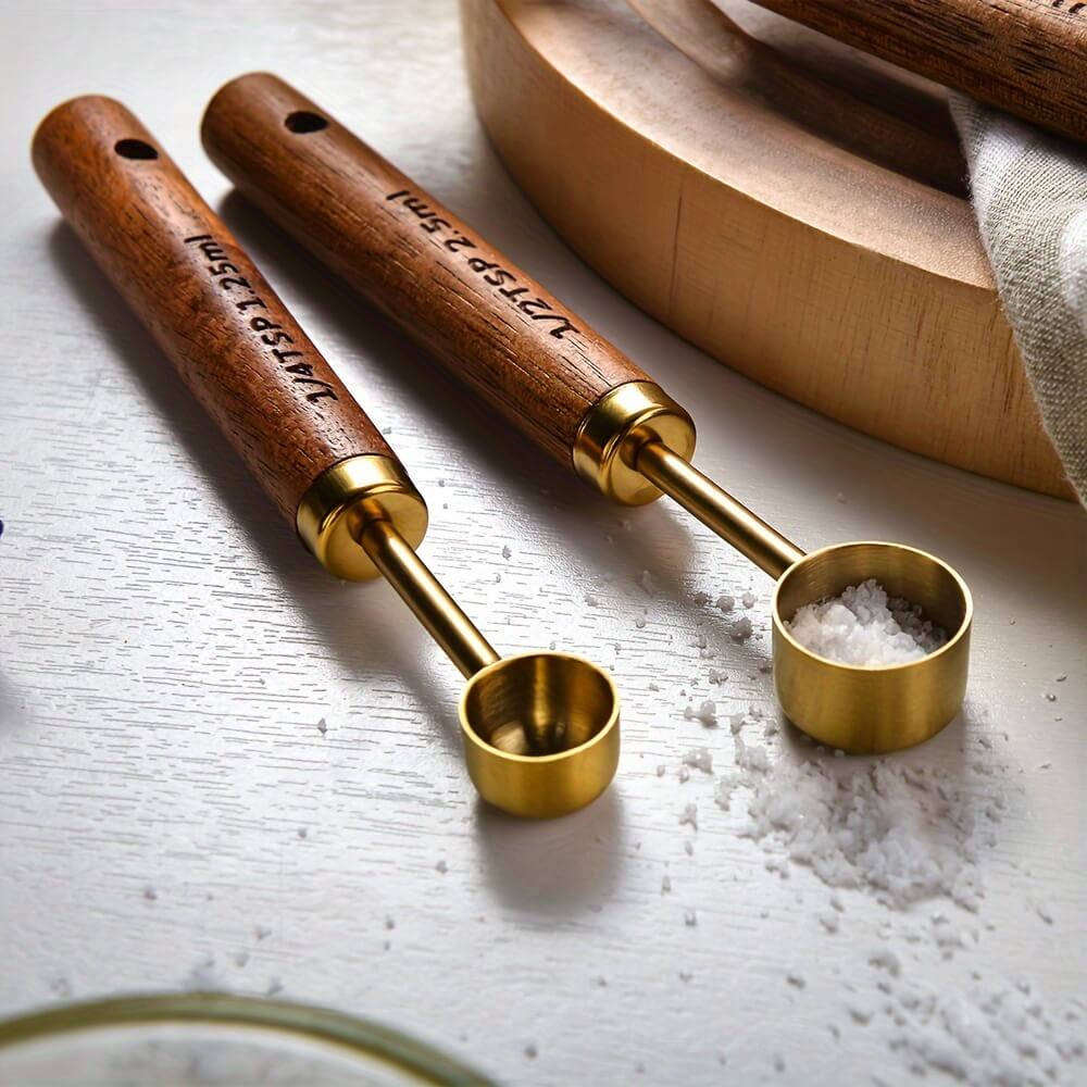 Zovaco Goldenwood Measuring Spoon Set - 4-Piece Gold-Plated Stainless Steel & Natural Acacia Wood Baking Tools