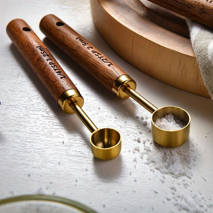 Zovaco Goldenwood Measuring Spoon Set - 4-Piece Gold-Plated Stainless Steel & Natural Acacia Wood Baking Tools